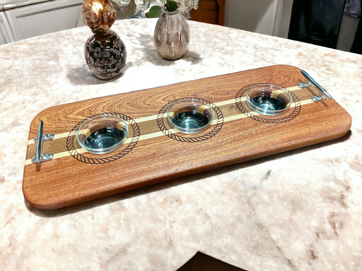 Nautical Rope Charcuterie Board w/3 Glass Bowls